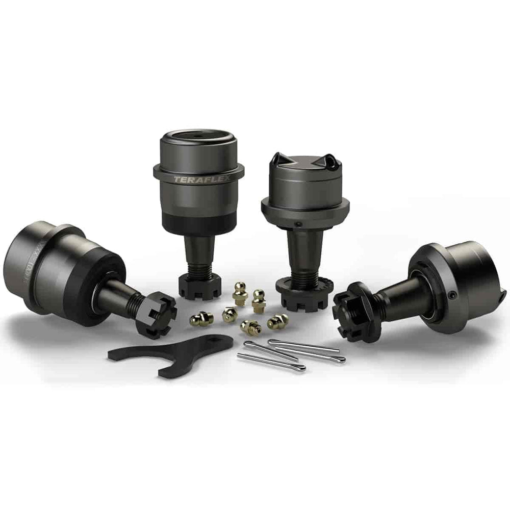 TeraFlex 3442002 kit front view showing ball joints and hardware, highlighting durable construction and serviceability