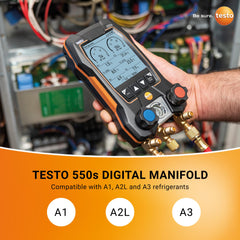 Testo 550s manifold and hoses overview demonstrating full kit setup and features
