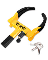Tevlaphee front view of wheel lock showing bright red-yellow deterrent and strong build