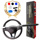 Tevlaphee front view of steering wheel lock installed showing visible theft deterrent