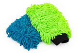 The Rag Company front view of two-color chenille wash mitts, shows packaging and plush look