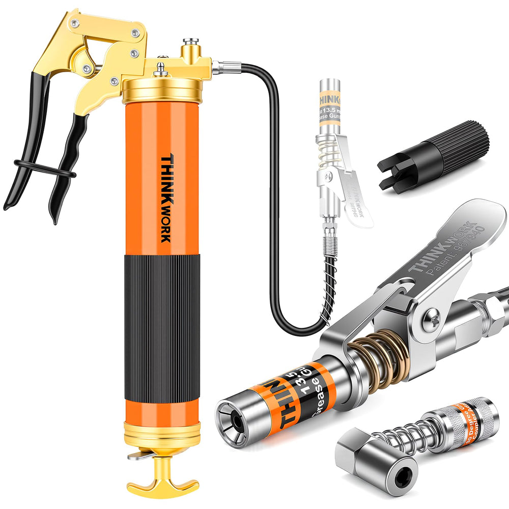 THINKWORK front view showing full grease gun kit and included accessories for durability