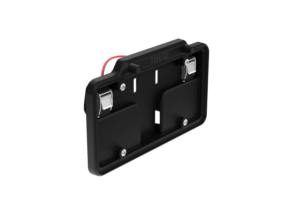 Thule license plate holder front view showing secure plate display benefit