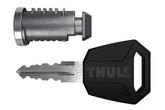 Thule one-key system front view showing two lock cylinders and clear identification