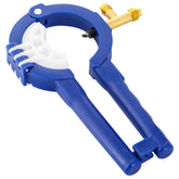 Tigbear front view of blue 3-in-1 can tap showing latch and grip, clear handling benefit