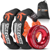 TireQuik front view of orange soft shackle recovery kit showing compact pack and components