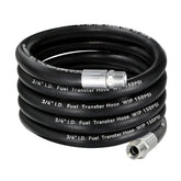 Togsher front view of 3/4 inch fuel hose showing fittings and benefit of clear sizing