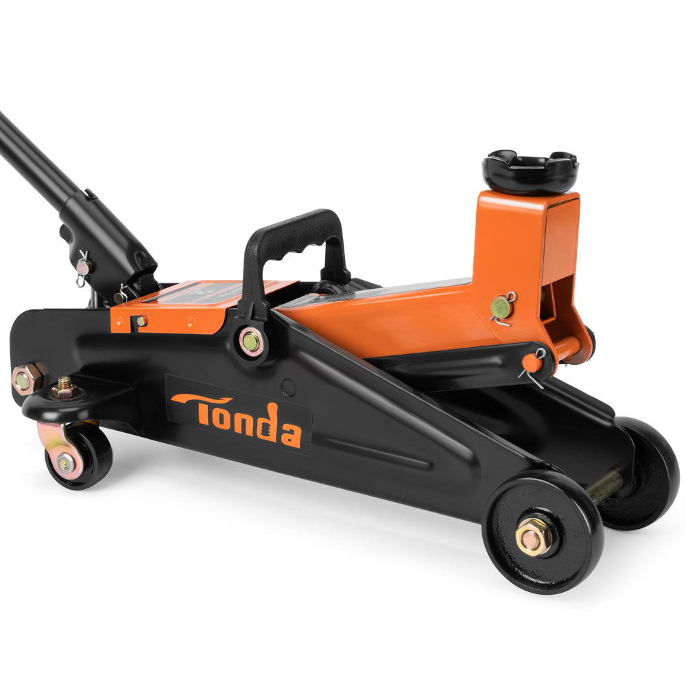 TONDA floor jack front view showing sturdy frame and benefit of stable lifting