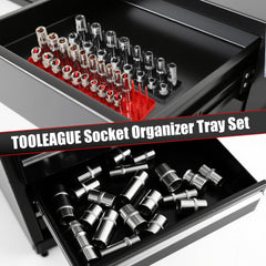 TOOLEAGUE magnetic wrench holder secured in toolbox drawer for space-saving access