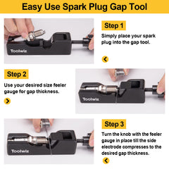 Toolwiz spark plug seated in tool demonstrating how to safely reduce electrode gap