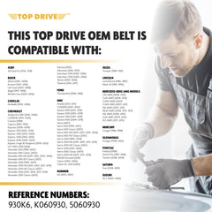 TOP DRIVE belt next to ruler showing 93.46 inch circumference for precise fitment confirmation