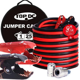 TOPDC front view of packaged jumper cables showing compact carry bag and cable set benefits