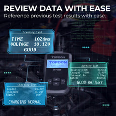 TOPDON BT50 testing on car battery demonstrating alternator and battery health check benefits