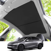 Topfit sunshade front installed in Tesla Model Y Juniper showing precise fit and heat reduction