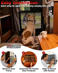 Toplamper protector installed on an RV screen door illustrating added pet-proof protection
