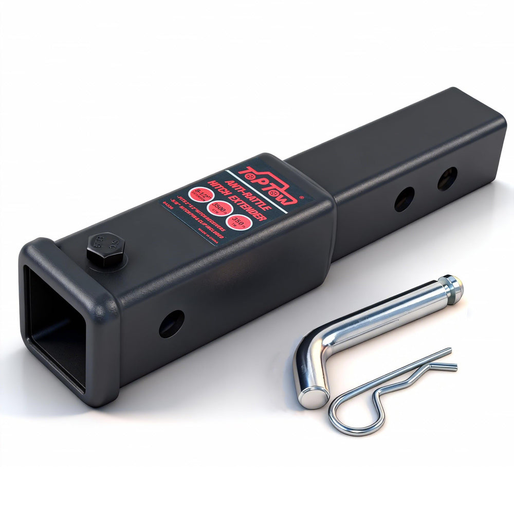TOPTOW extender front view showing 2x2 receiver and durable finish benefits clearance