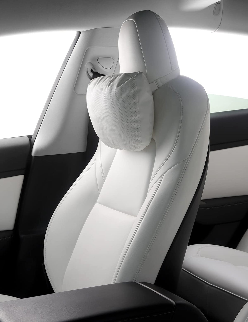 TPARTS front view white headrest showing clean Tesla-matching finish and fit