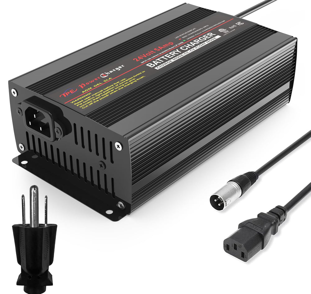 TPE front view of 24V 5A charger showing ports and LED status, reliable charging benefit
