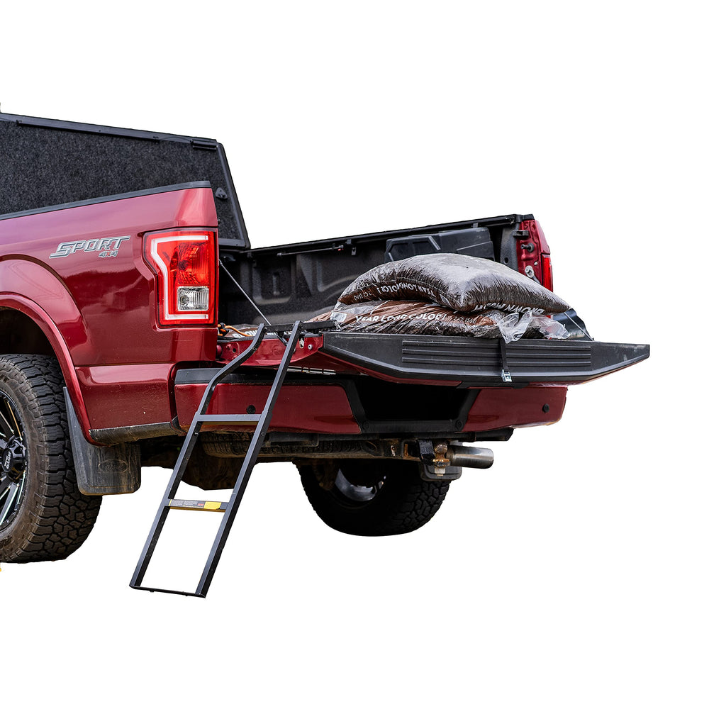 Traxion tailgate ladder front view showing secure installation and easy access