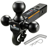 TrkWyze front view of tri-ball hitch showing all ball sizes and benefits