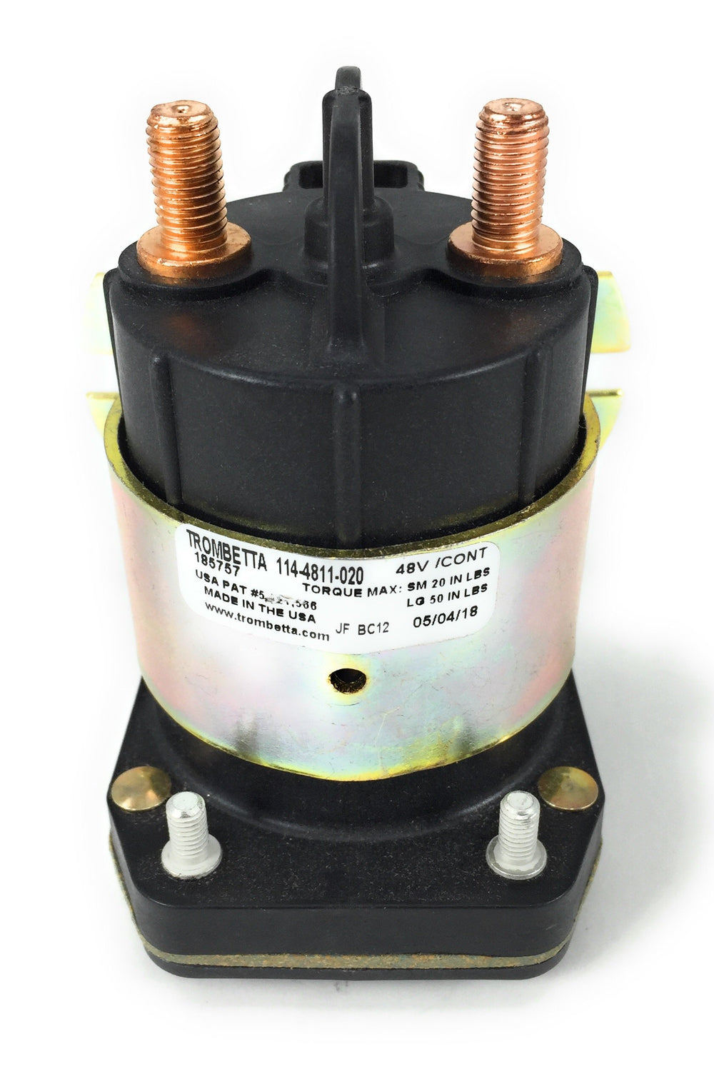 Trombetta front view of 48V solenoid showing bracket and housing benefit durable mounting