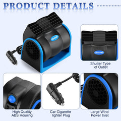 Tujoe fan plugged into car cigarette lighter on dashboard providing directed airflow benefit