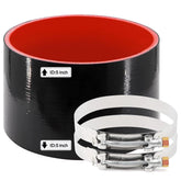 TuoLauthon front view of 5-inch straight coupler showing included clamps and packaging, quick fit benefit
