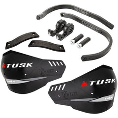 TUSK handguards front view showing black aluminum bar and MX-style shield, protects levers