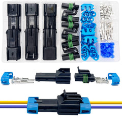 Twippo front view of 2-pin Weather Pack connectors showing sealed housings and durable latch benefit