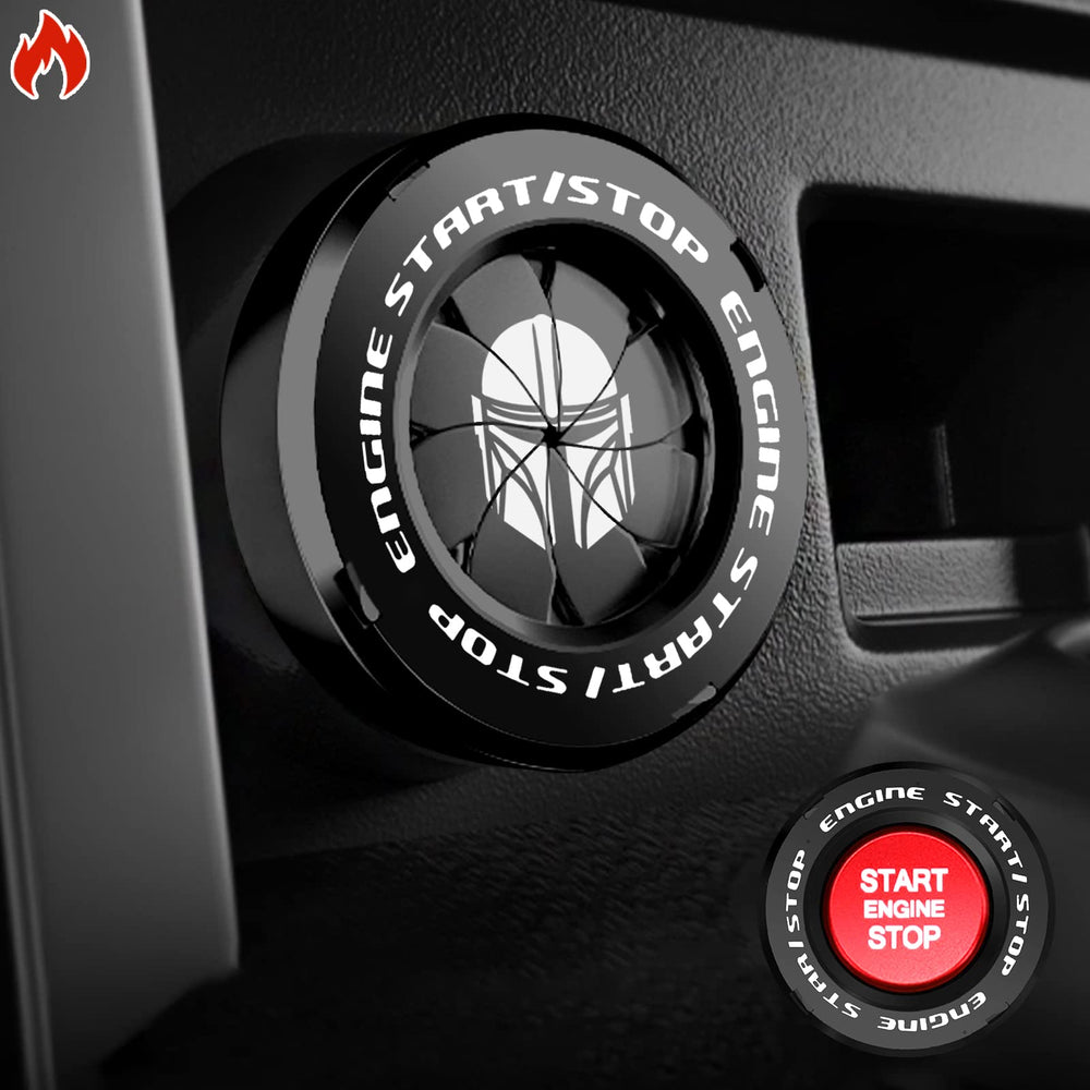 Tybasthe front view of black Mandalorian start button cover showing design and protection