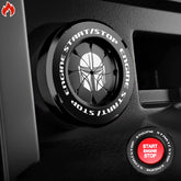 Tybasthe front view of black Mandalorian start button cover showing design and protection