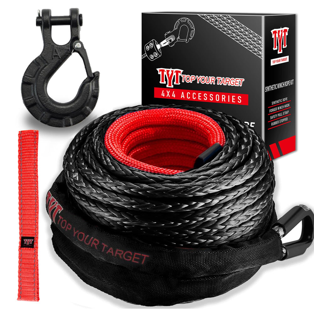 TYT front packaging of the synthetic winch rope kit shows complete contents and quick setup benefit