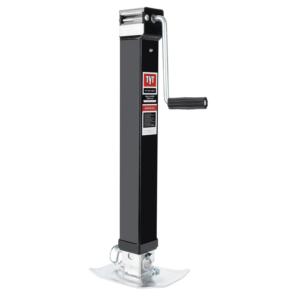 TYT front view of weld-on trailer jack showing sturdy square tube and secure mount benefit
