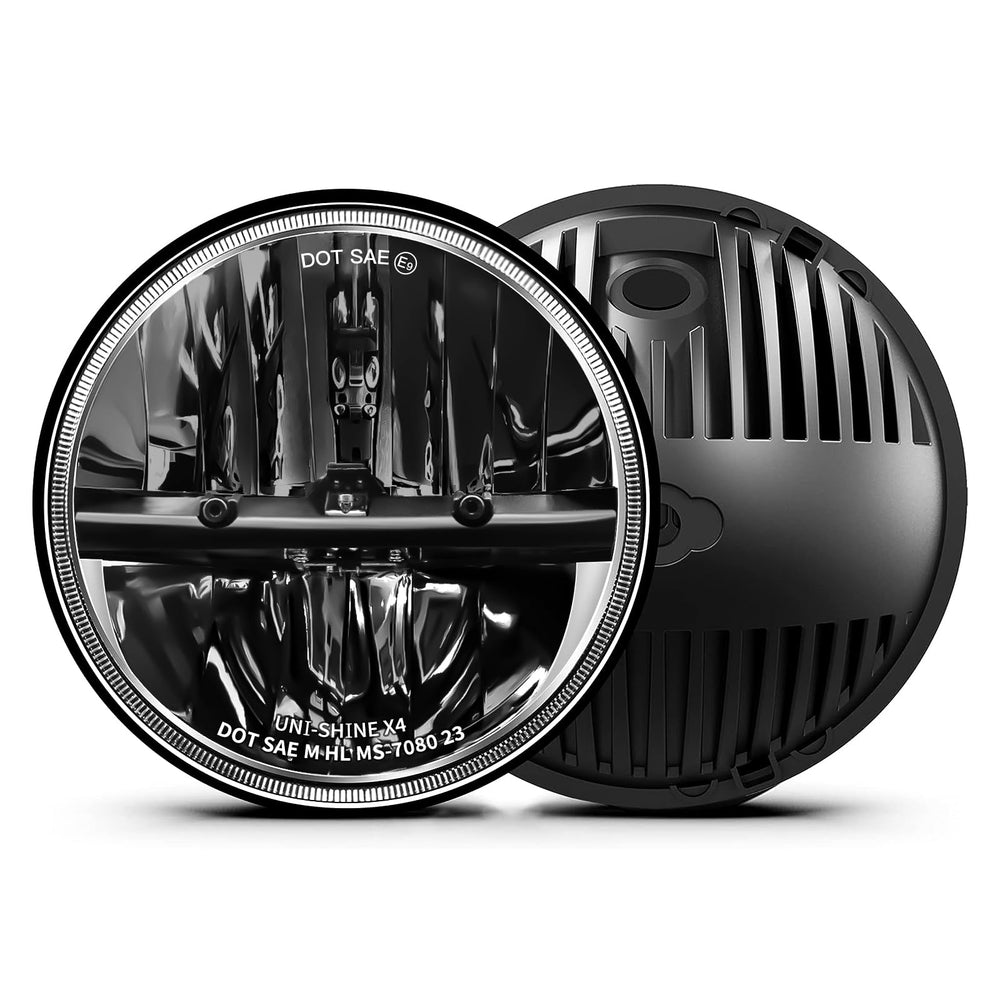 UNI-SHINE front view showing two 7-inch headlights and plug-and-play benefit