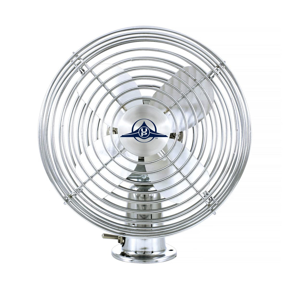 United Pacific 40848 front view showing chrome finish and protective cage for polished cabin airflow