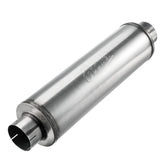 Upower front view of muffler showing straight-through inlet and outlet, durable construction benefit
