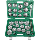 V-SEK front view of full 31-piece oil filter wrench kit showing organized layout and case