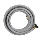 Valterra front view of gray flushing hose showing product and label benefits