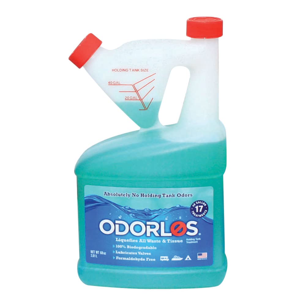 Valterra Odorlos V77003 front label showing bottle and measurement features for easy dosing