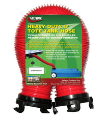 Valterra hose installed between tote and tank showing swivel adapter for easier transfers
