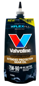 Valvoline FlexFill pouch front packaging showing product and benefit of easy pouring