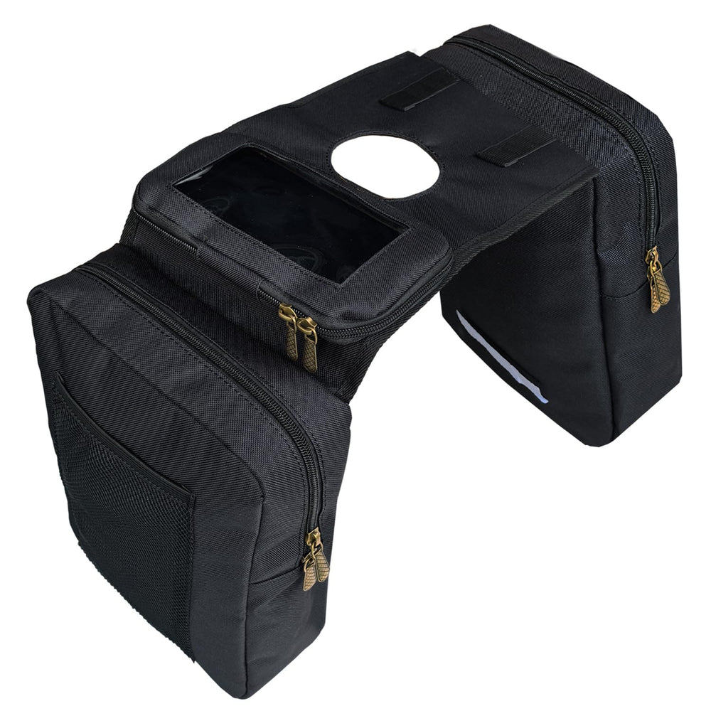 Vanlison front view of tank bag showing compartments and waterproof fabric benefit