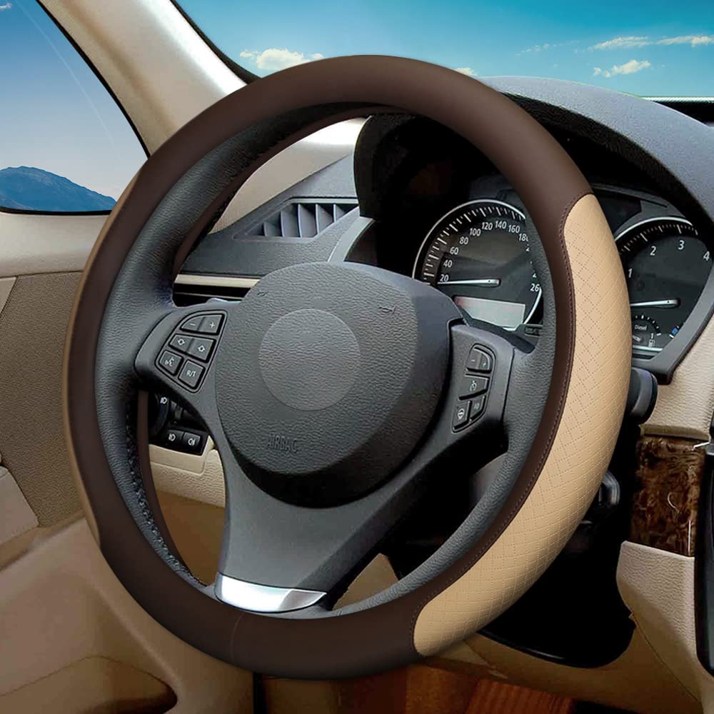 VARGTR steering wheel cover front view showing coffee and beige contrast and elegant look