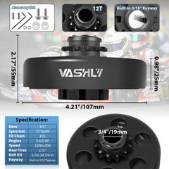 Vashly clutch side profile displaying 3/4 inch bore and compact centrifugal assembly benefit