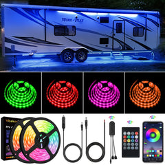 Vbakor front view of 33FT awning lights showing full-length kit and benefits