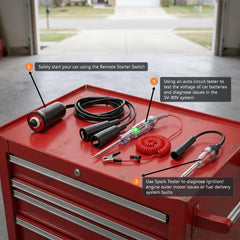 VCC remote starter in use under hood enabling safe single-person cranking