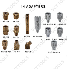 VCT adapter set arrangement with NPT metric and BSP fittings for secure connections