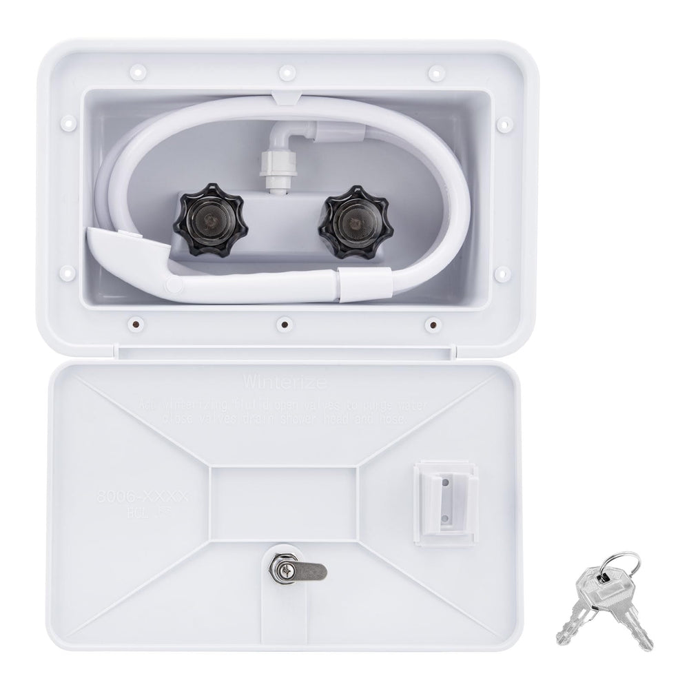 VECKYJL front exterior shower box showing sleek white finish and neat fit