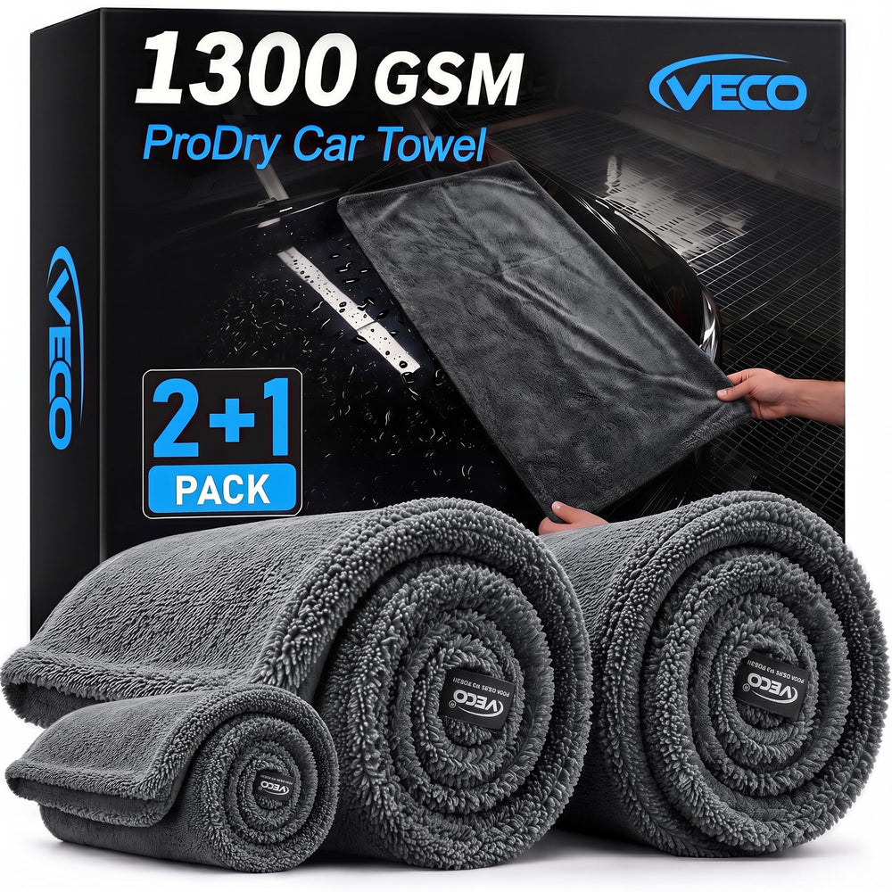 Veco front packaging and three gray towels showing kit completeness and convenience
