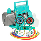 VECOTOOLS front view of full vacuum pump and gauge kit showing included components and portability